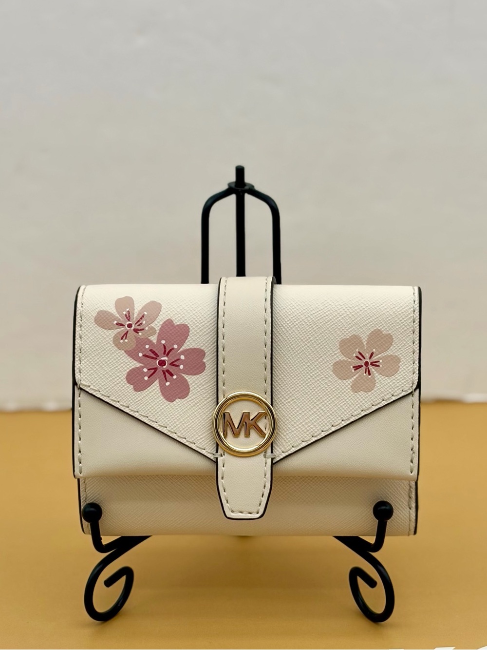 Michael Kors Ivory Compact Wallet with Pink Floral Accents - Picture 3 of 12